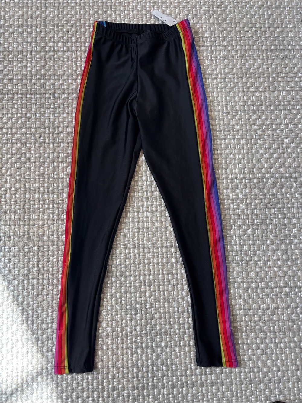 Girls' Black Leggings with Rainbow Side Stripes
